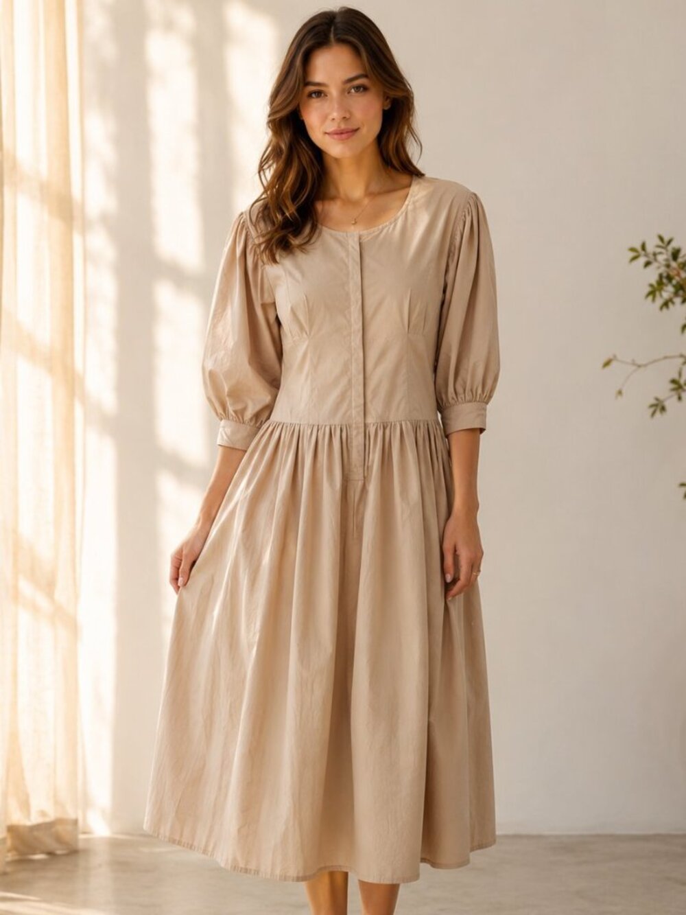 Merlette Montague Solid Midi Dress Cotton Resort Sandstone Beige XS New
